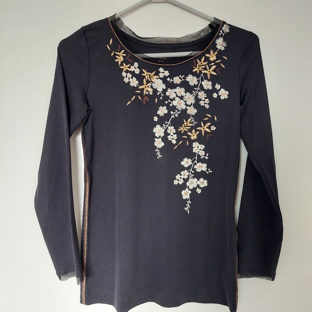 Marc Cain Women's Size Small embroidery Lace Black Floral Long Sleeve Top